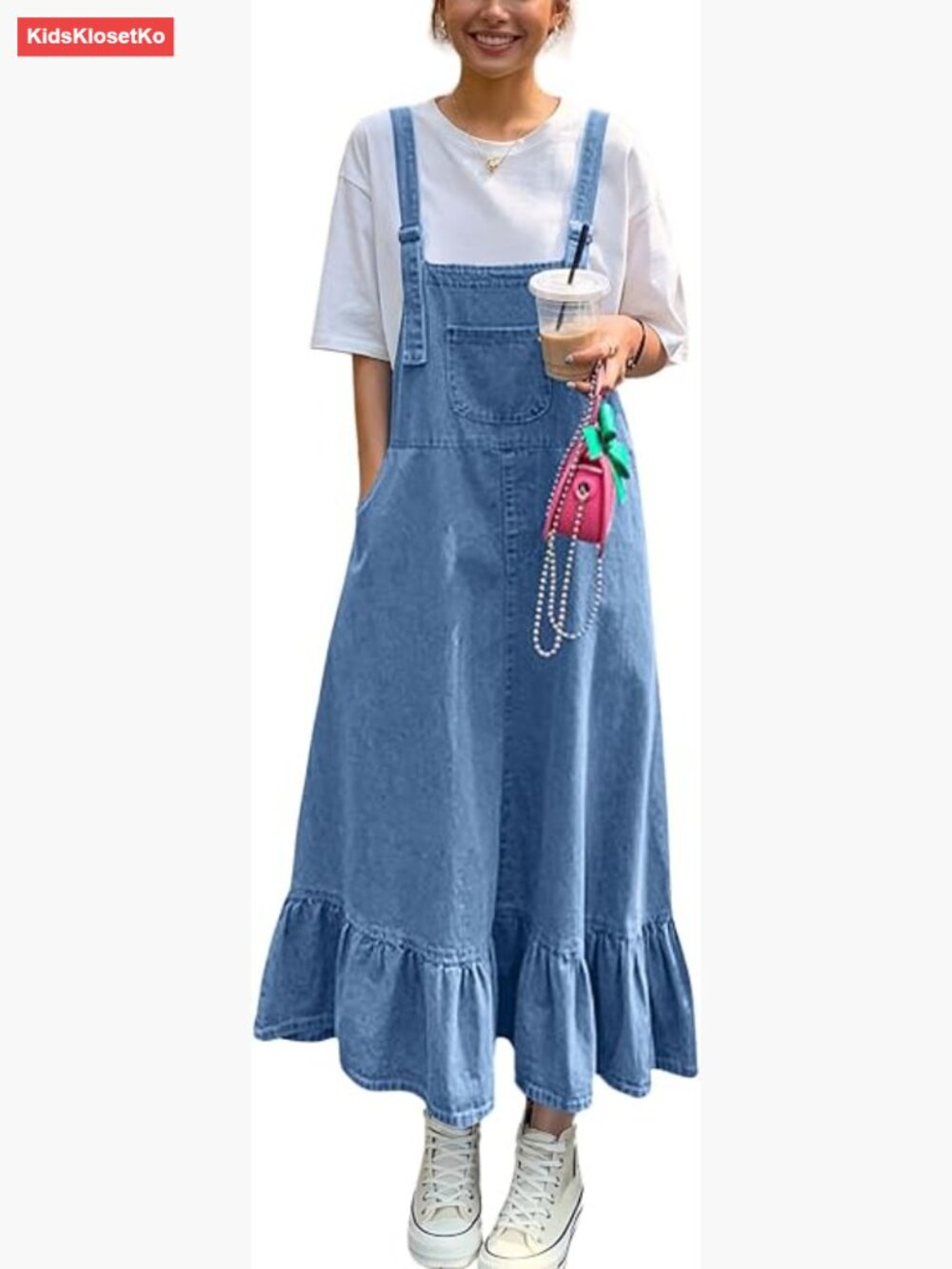 Y2K Cute Ruffle Denim Overall Dress Flared Maxi Bib Jumper